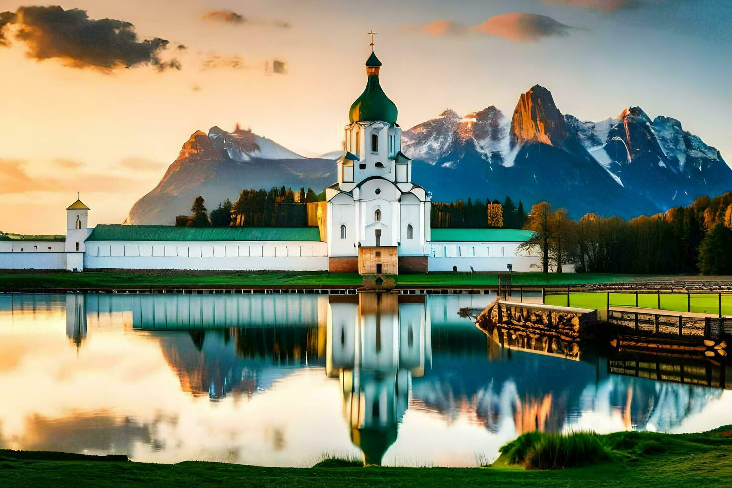 a church in the mountains with a lake and mountains in the background. AI-Generated photo