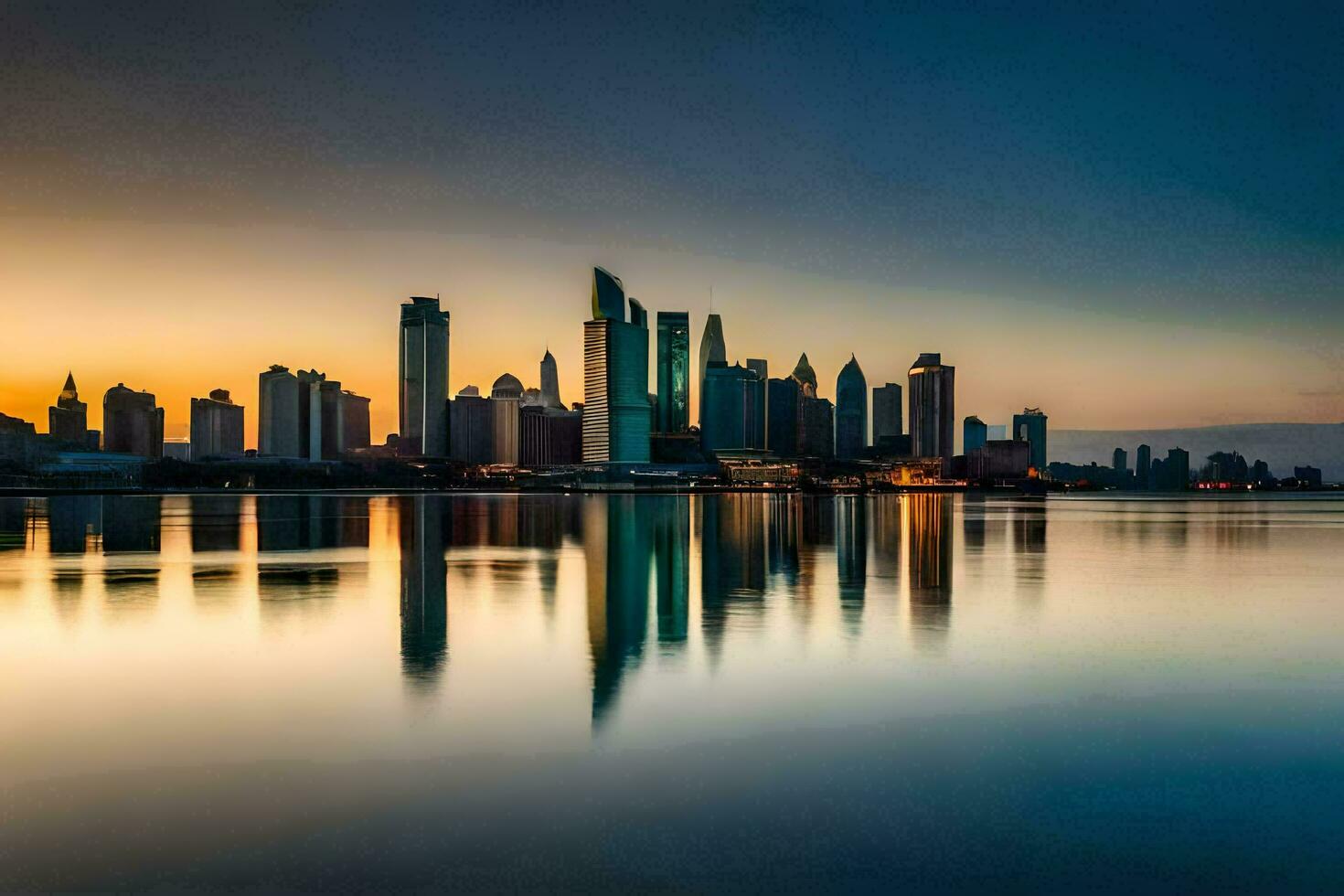 the city skyline is reflected in the water at sunset. AI-Generated photo