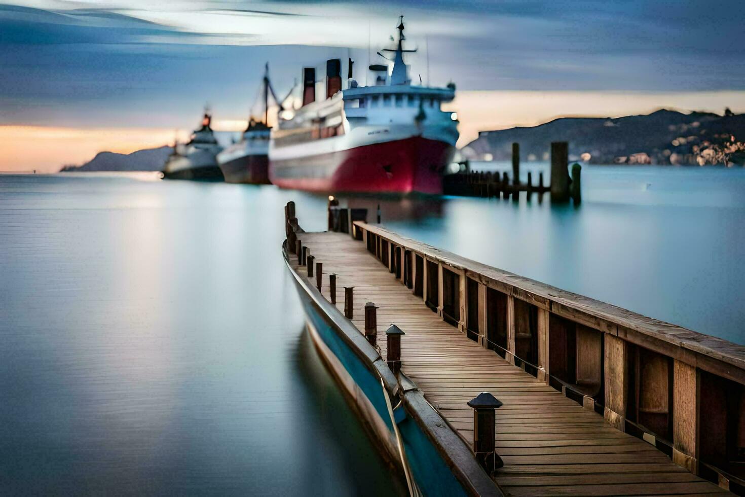 a pier with two ships docked at the end. AI-Generated photo