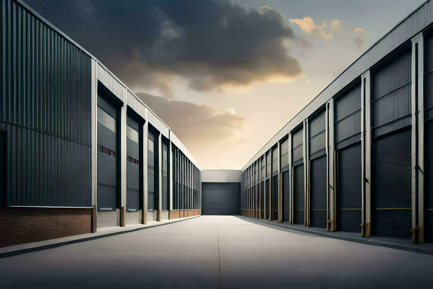 an empty warehouse with a sky background. AI-Generated photo