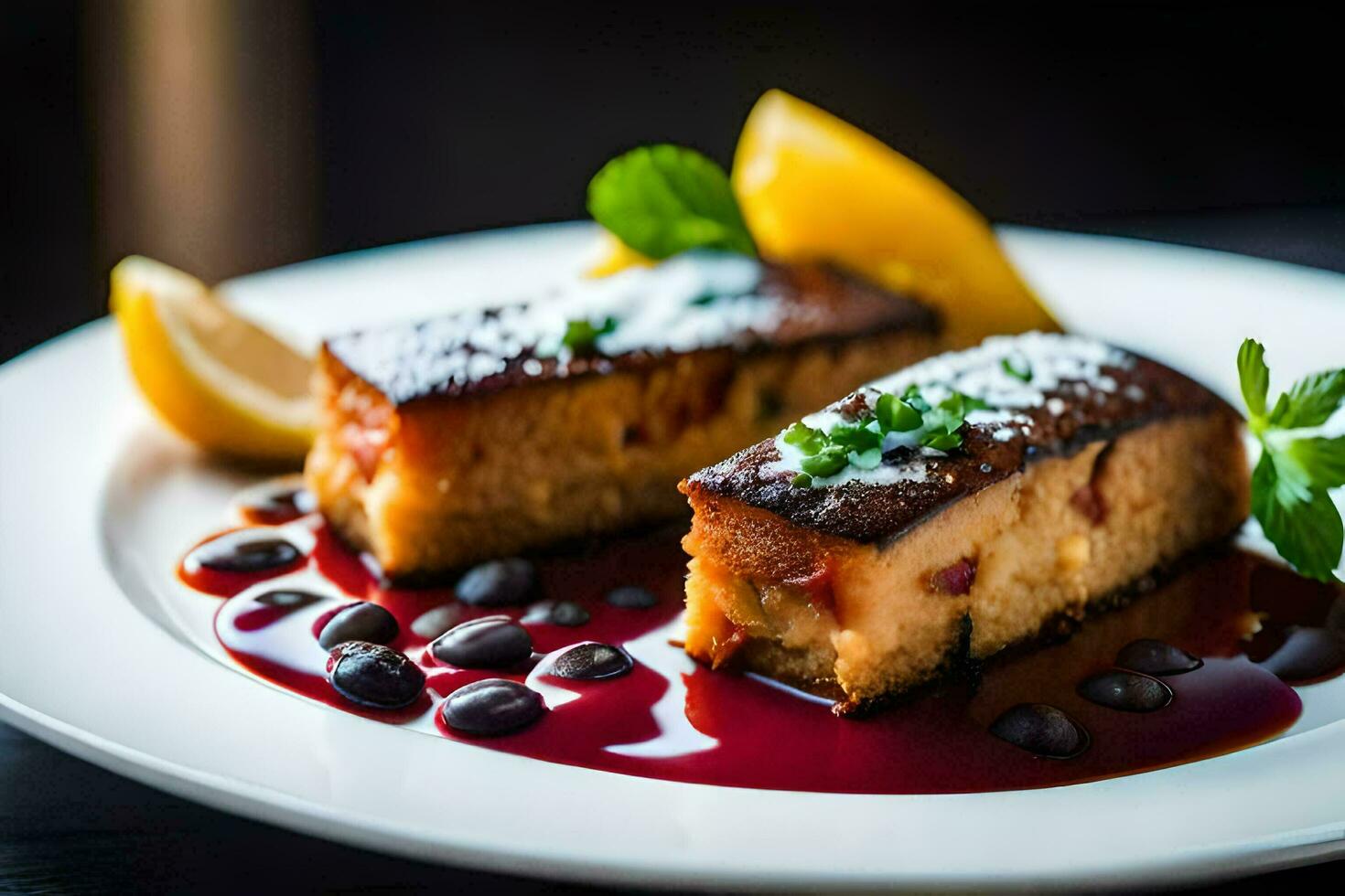 a dessert on a plate with a lemon wedge. AI-Generated photo