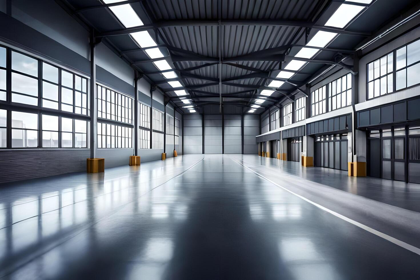 an empty warehouse with lots of windows and a large door. AI-Generated