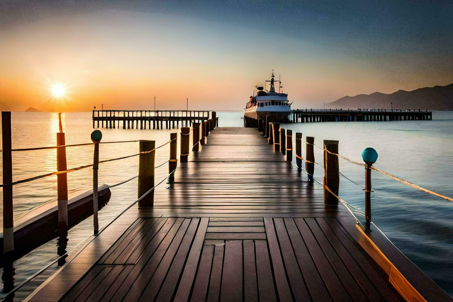 a pier at sunset with a boat in the distance. AI-Generated photo