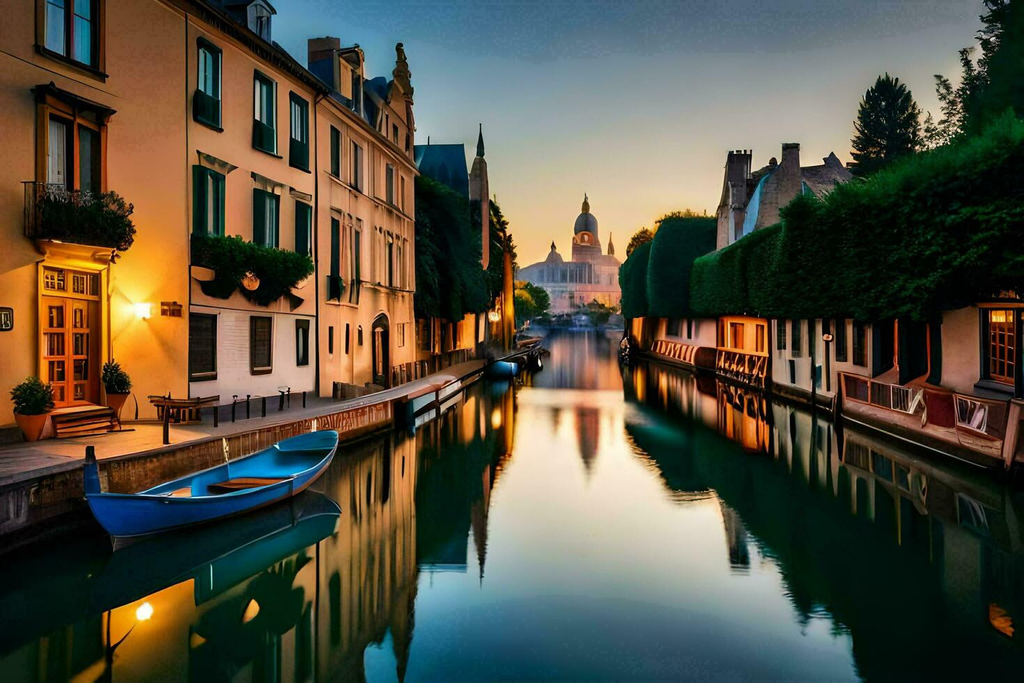 a canal in bruges, belgium at sunset. AI-Generated photo