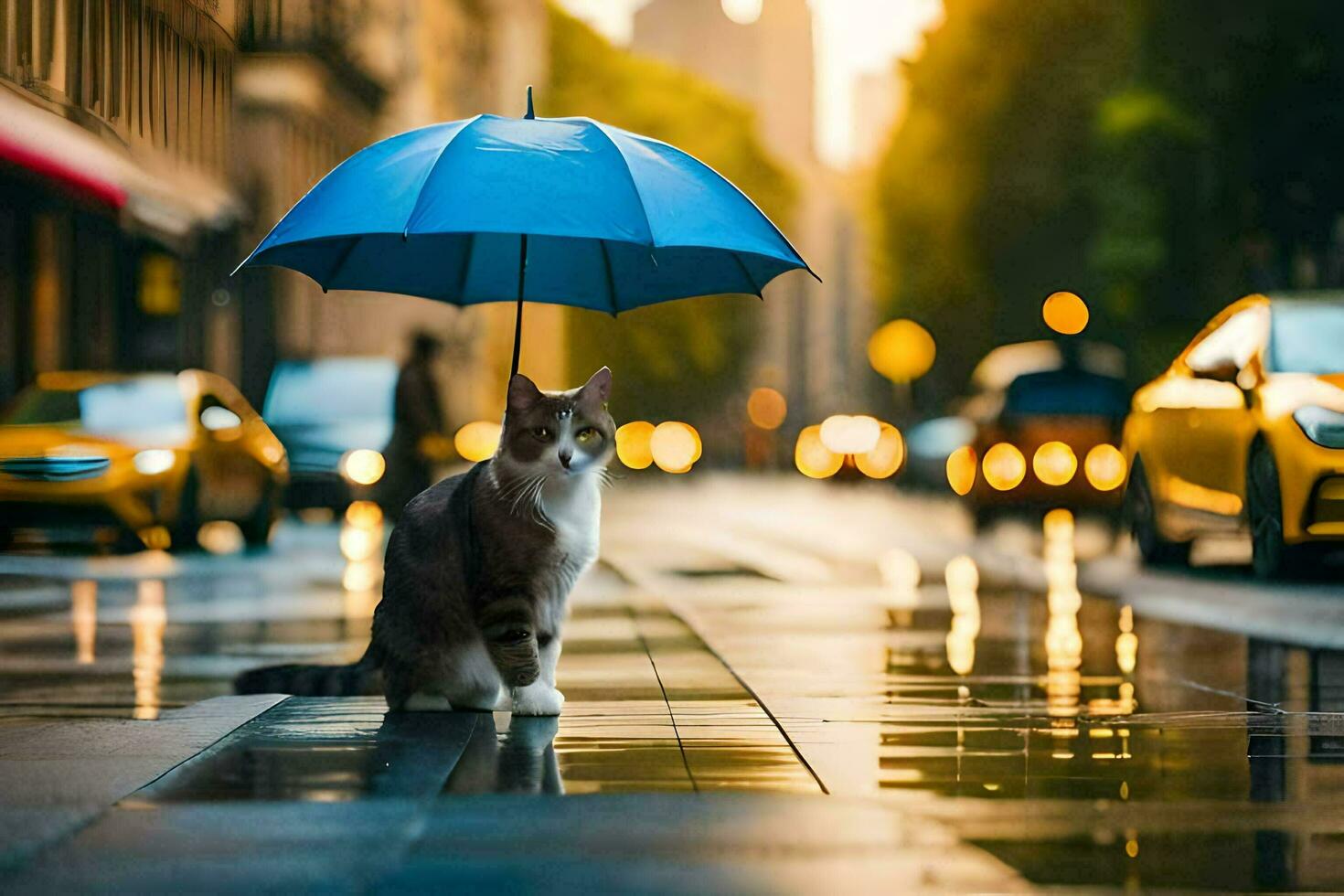 un gato es en pie en un mojado calle con un sombrilla. generado por ai foto
