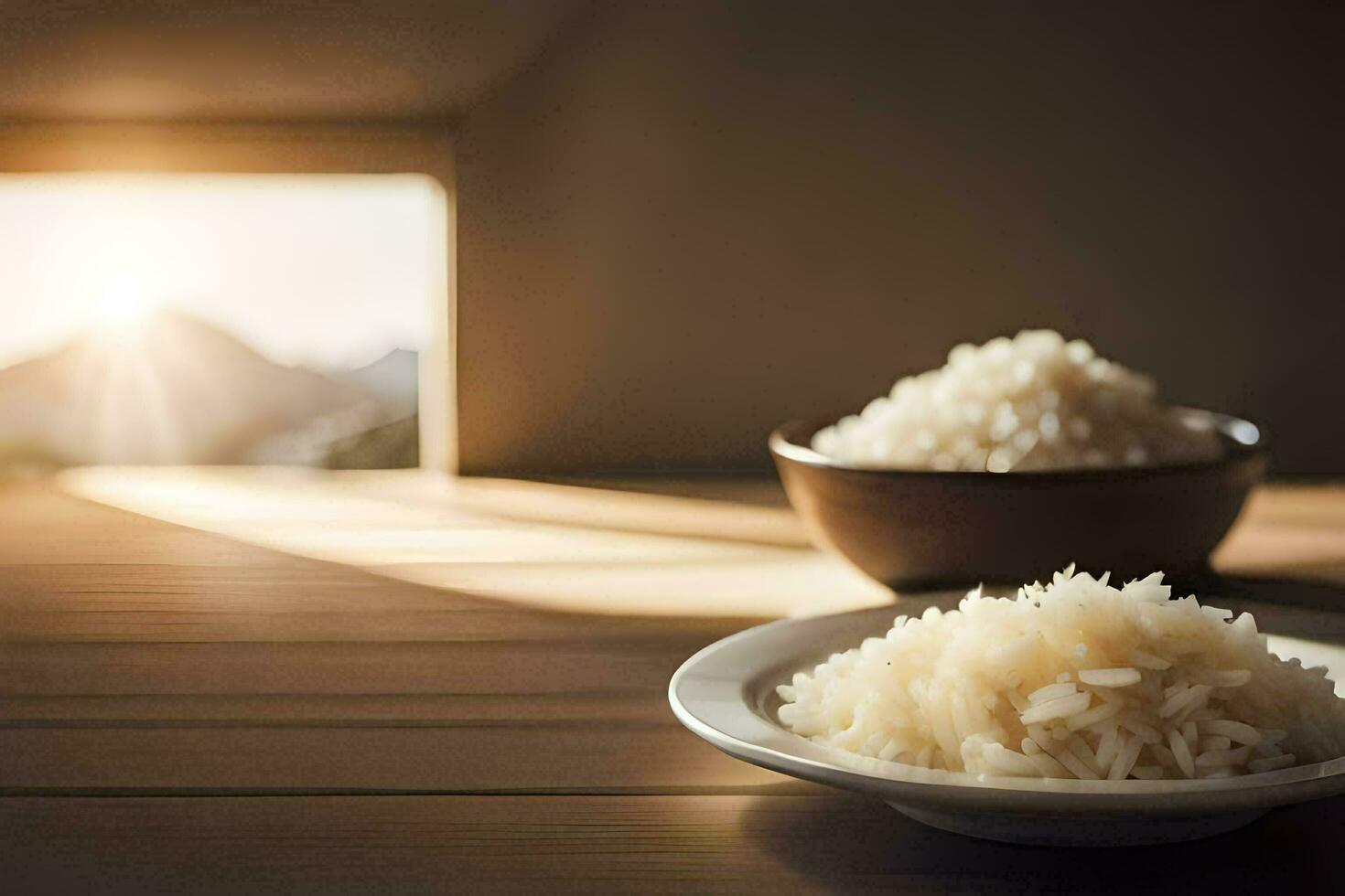 two bowls of rice sit on a table with the sun shining in the background. AI-Generated photo