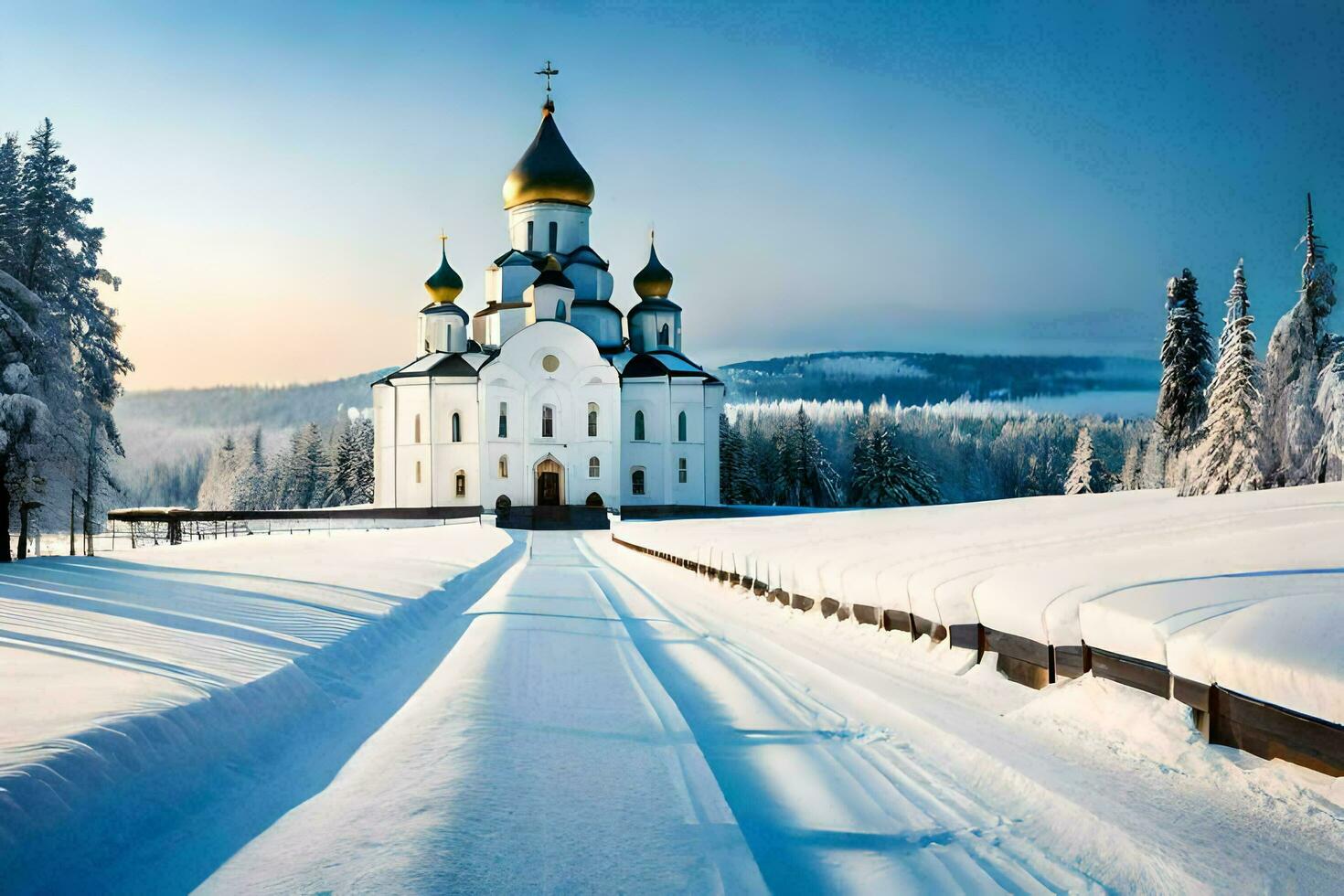 un Iglesia en el nieve. generado por ai foto