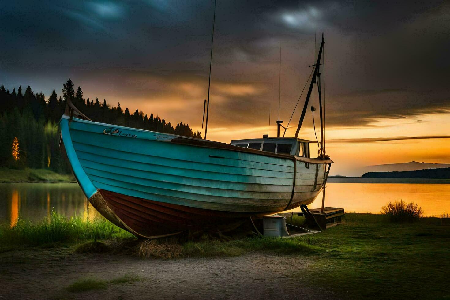 a boat sits on the shore at sunset. AI-Generated photo