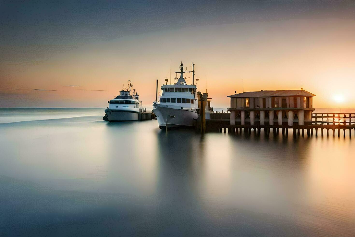 two boats docked at the dock at sunset. AI-Generated photo