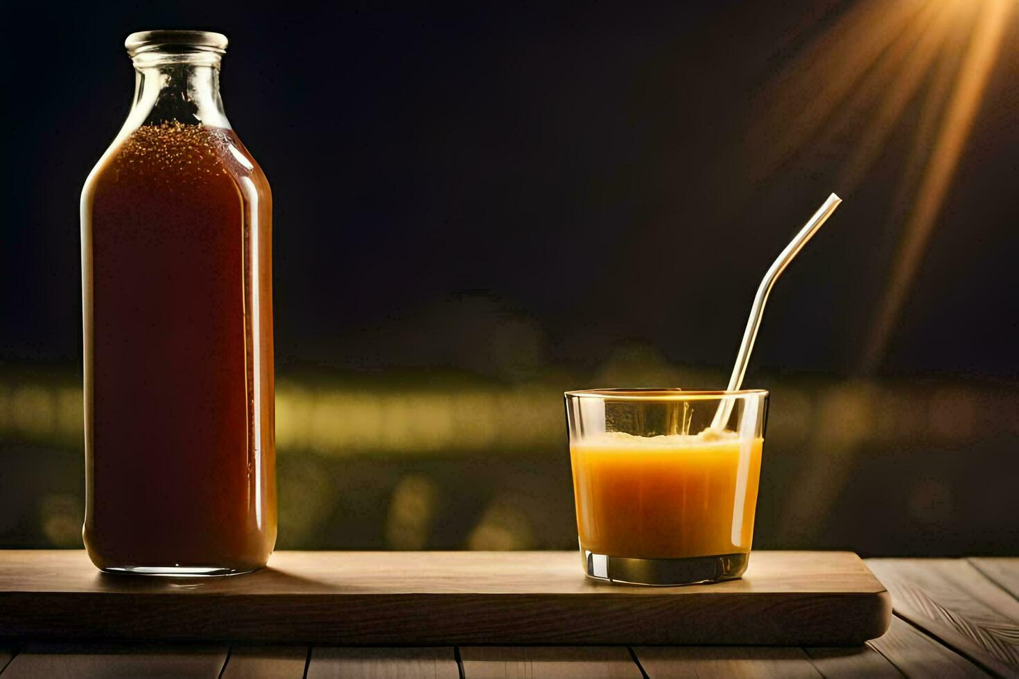 un botella de naranja jugo y un vaso en un de madera mesa. generado por ai foto