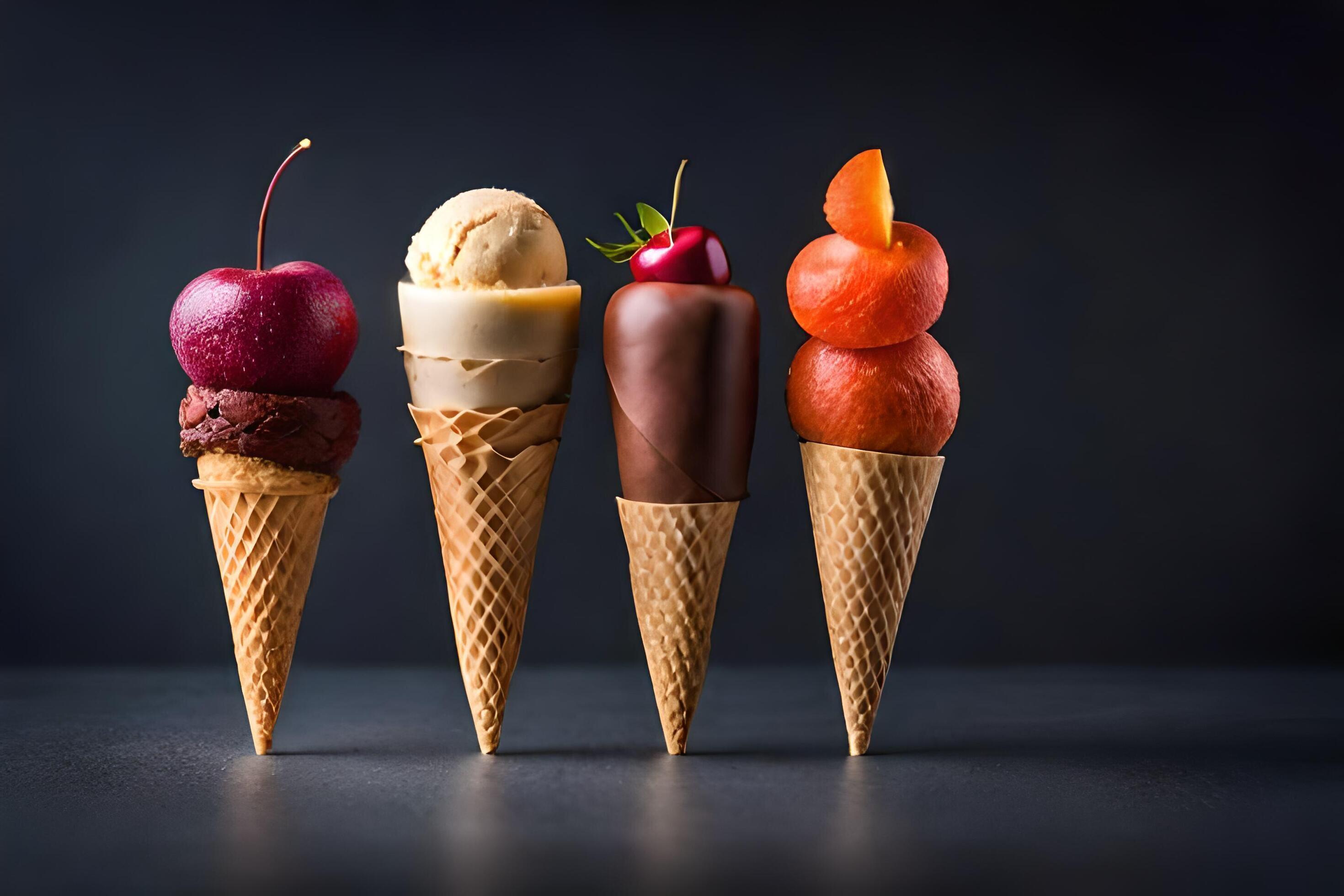 three ice cream cones with different types of desserts. AI-Generated
