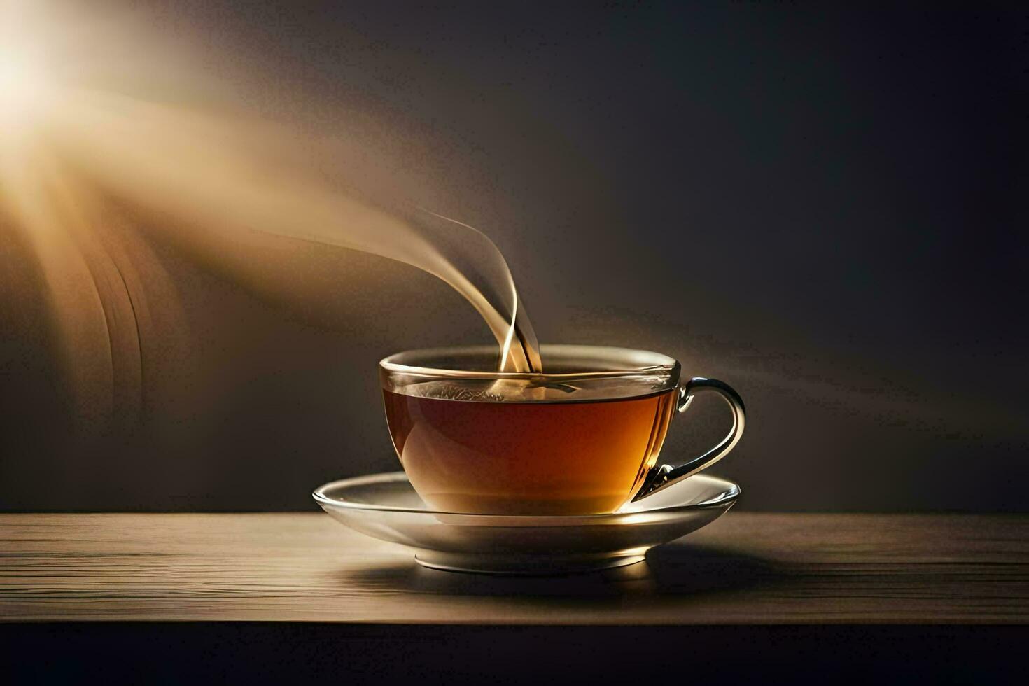 un taza de té en un de madera mesa con el Dom brillante. generado por ai foto