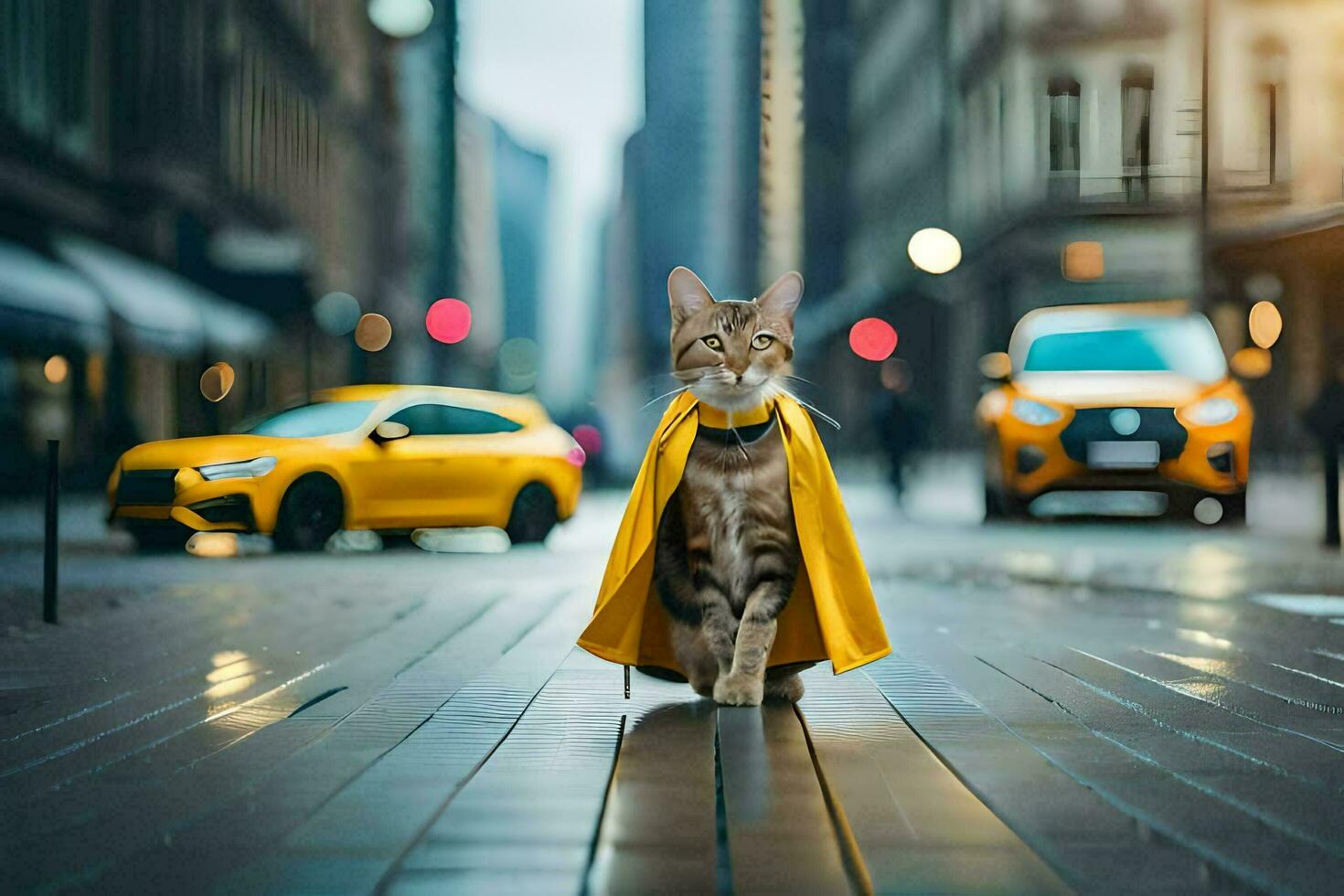 un gato vistiendo un amarillo capa camina abajo un ciudad calle. generado por ai foto