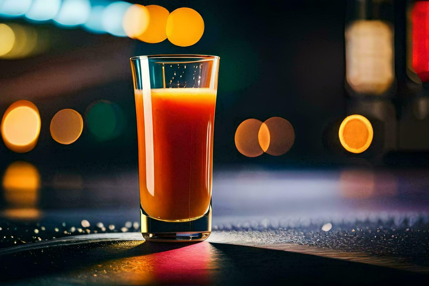 a glass of orange juice sitting on a table in front of a city street. AI-Generated photo