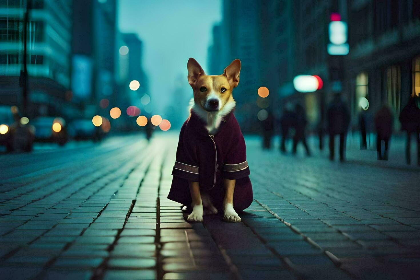 a dog wearing a coat on the street at night. AI-Generated photo