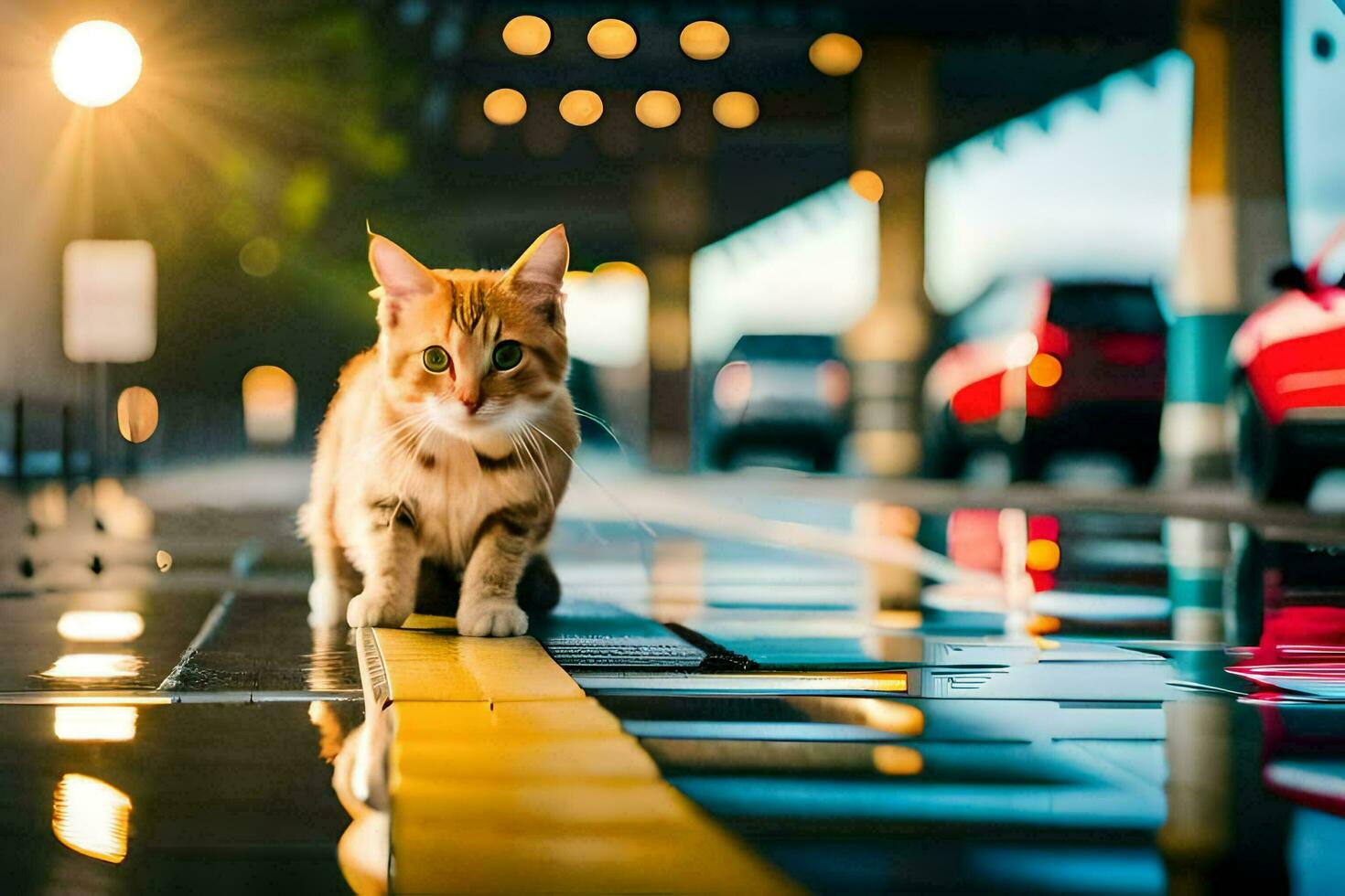a cat walking on a wet road at night. AI-Generated photo