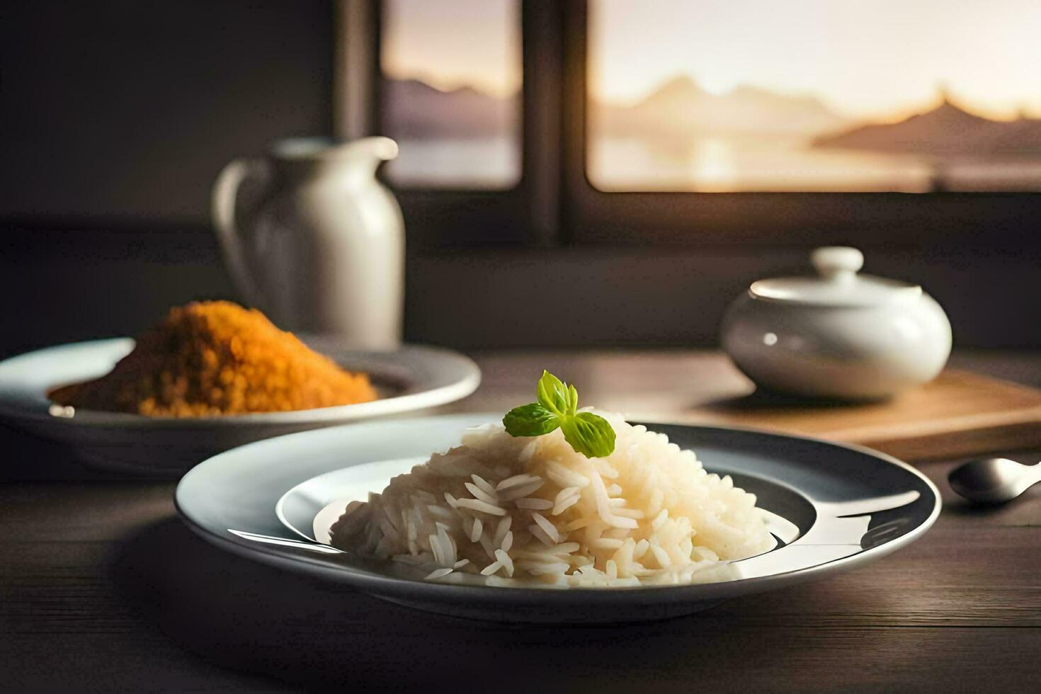 a plate of rice and a bowl of spices on a table. AI-Generated photo