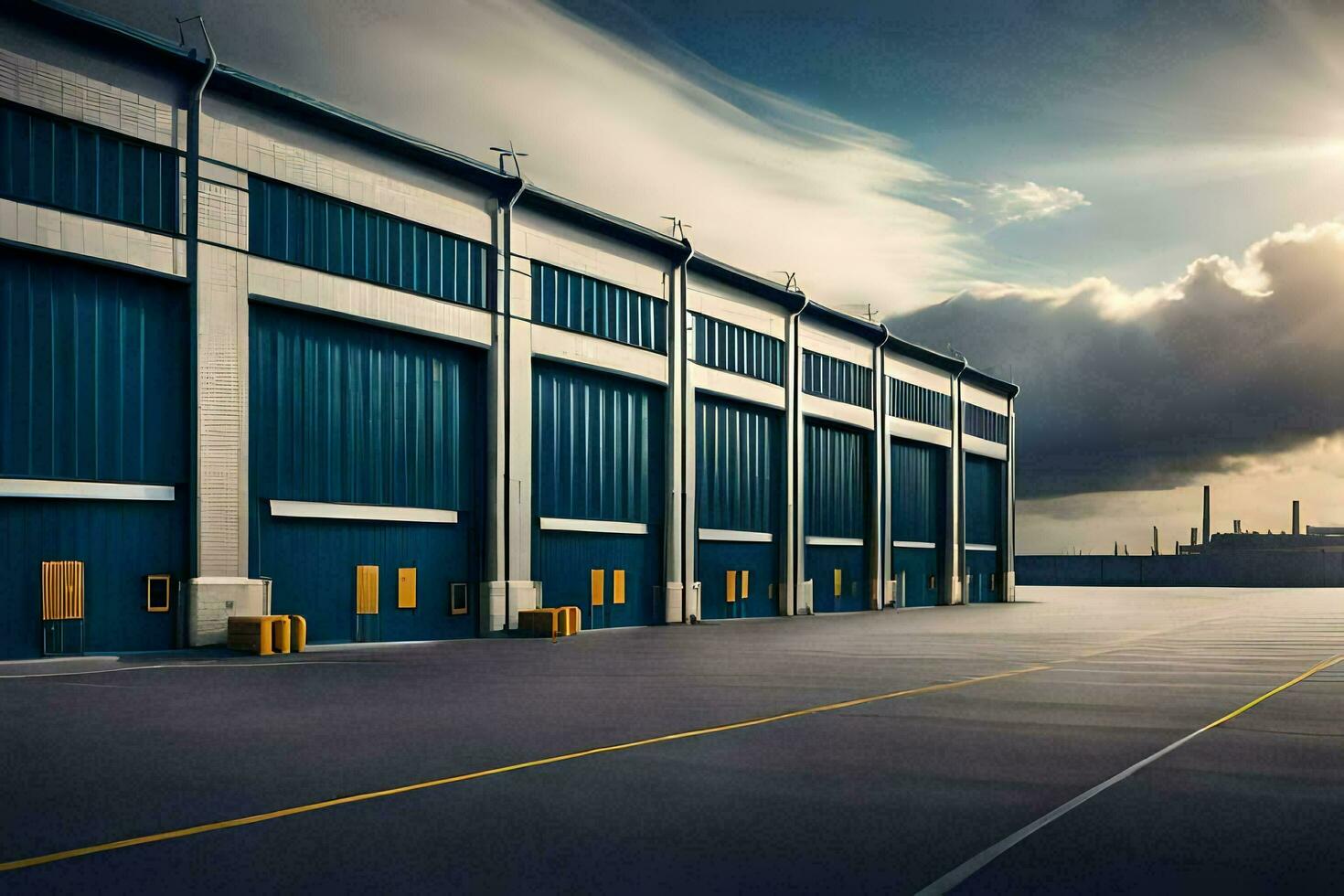 a large warehouse with blue doors and yellow poles. AI-Generated photo