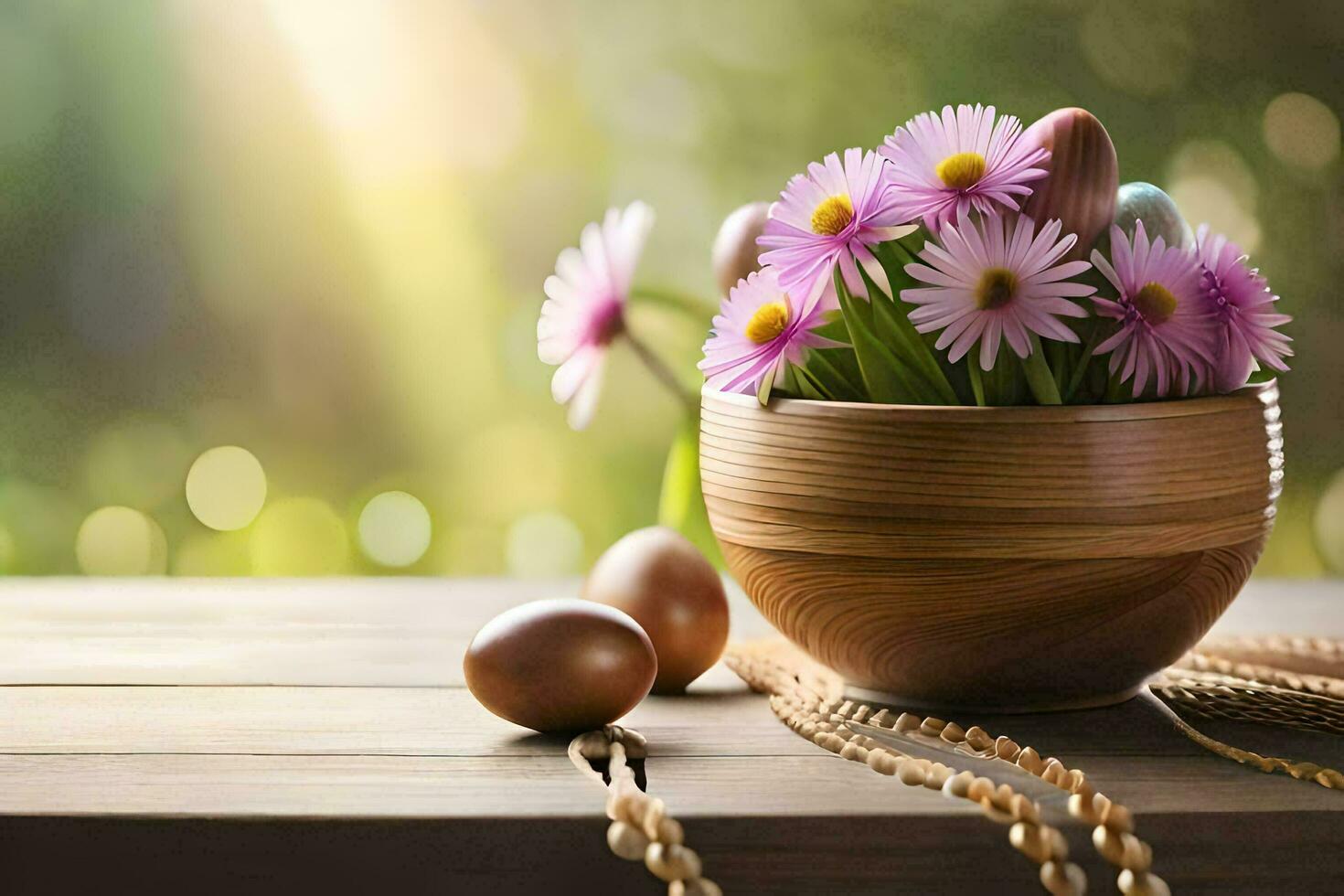 easter flowers in a wooden bowl. AI-Generated photo