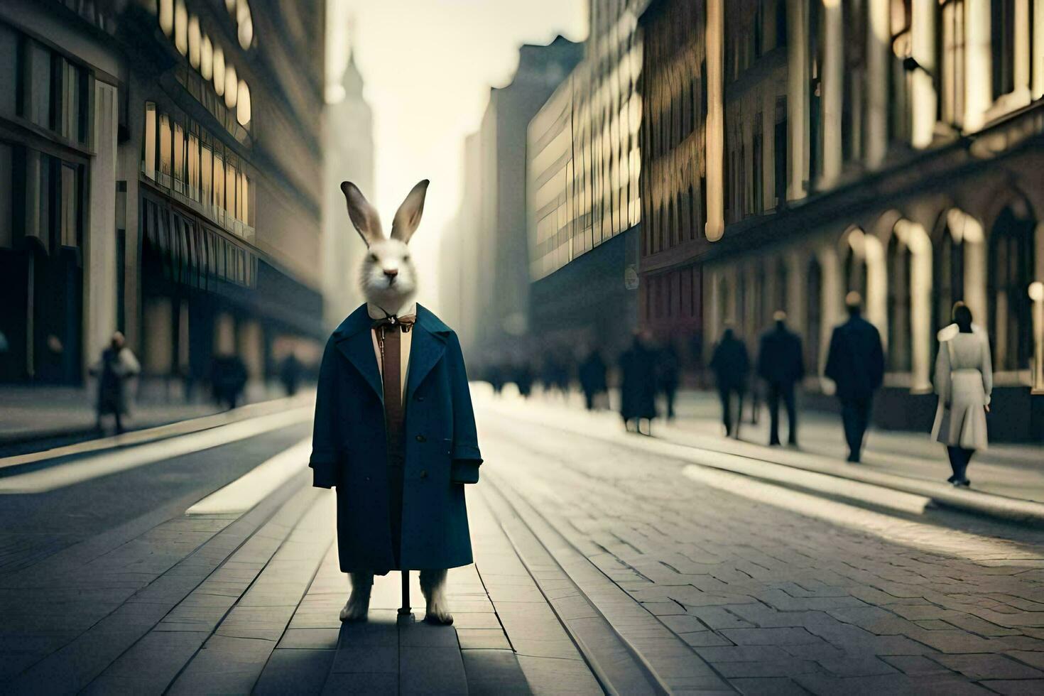 a rabbit in a suit and tie stands in the middle of a city street. AI-Generated photo