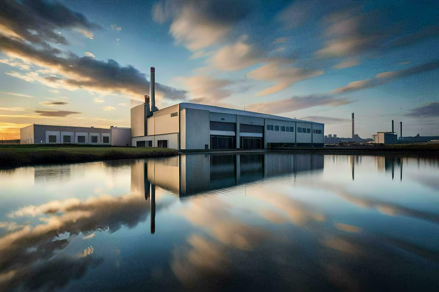 a factory building with water and clouds reflected in the water. AI-Generated photo