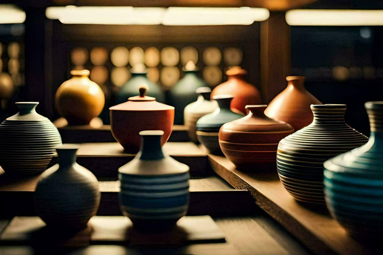 a row of vases on a wooden shelf. AI-Generated photo