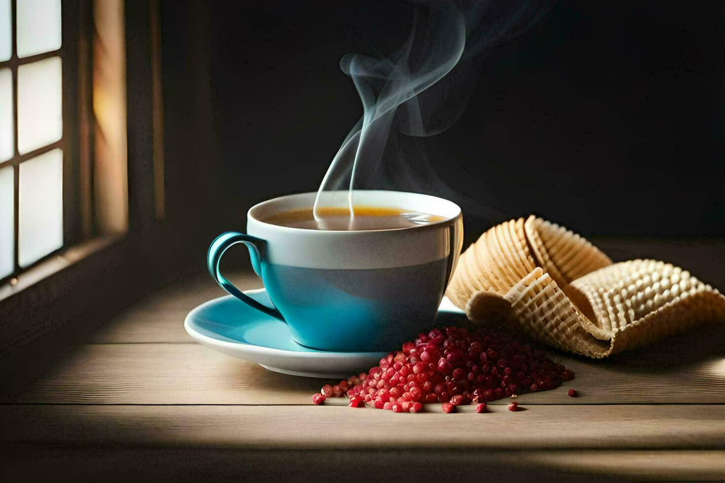 a cup of tea with pomegranate and a waffle cone on a wooden table. AI-Generated photo