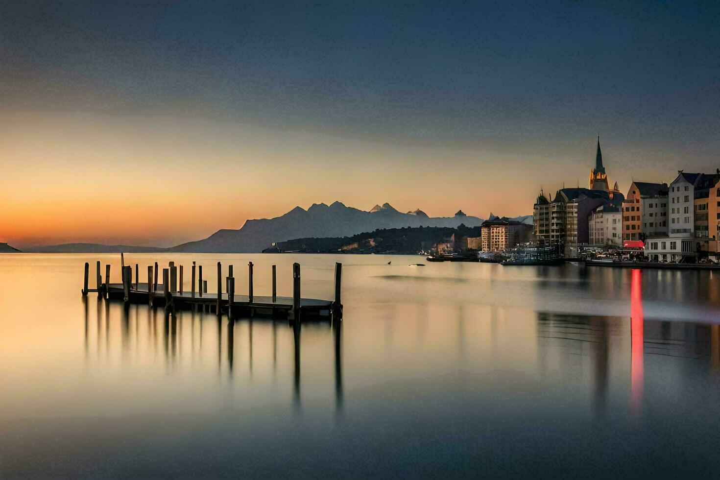 a long exposure photograph of a dock in the water with a city in the background. AI-Generated photo