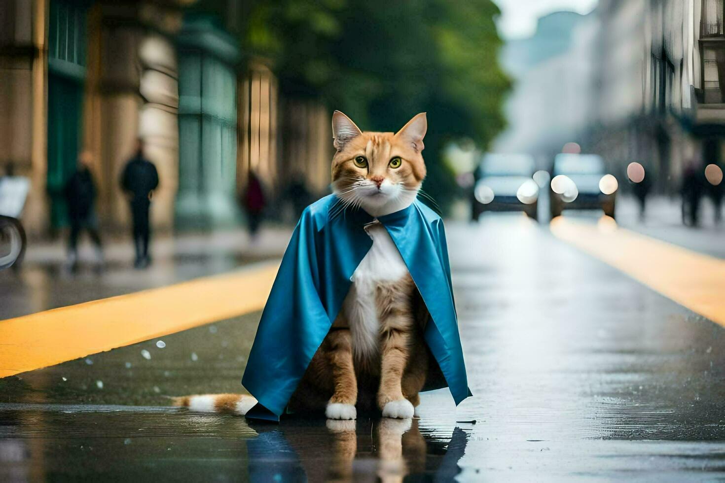 a cat dressed as a superhero in the rain. AI-Generated photo