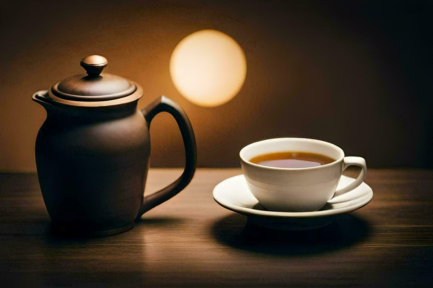 a cup of tea and a teapot on a wooden table. AI-Generated photo