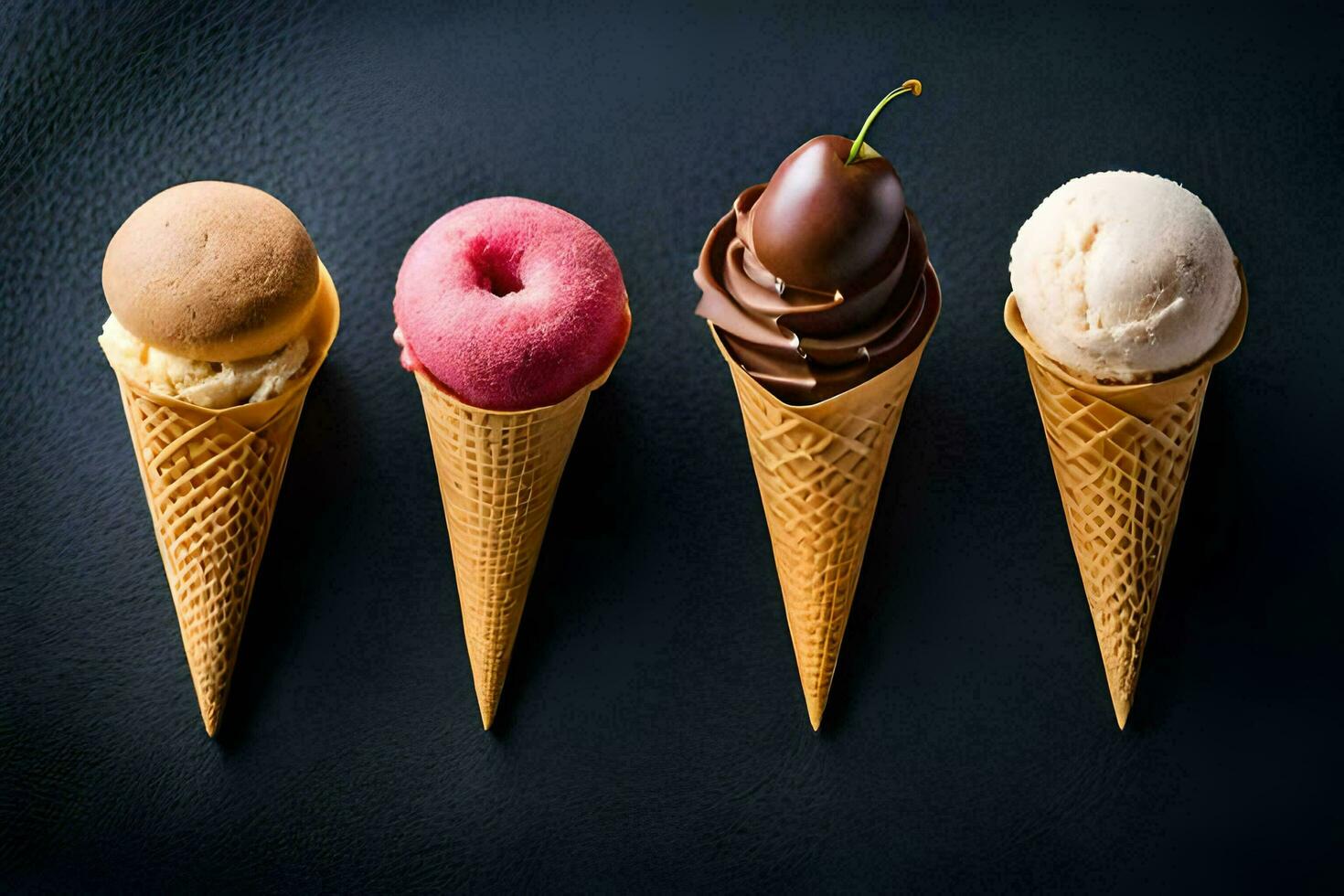 four ice cream cones with different flavors on a black background. AI-Generated photo