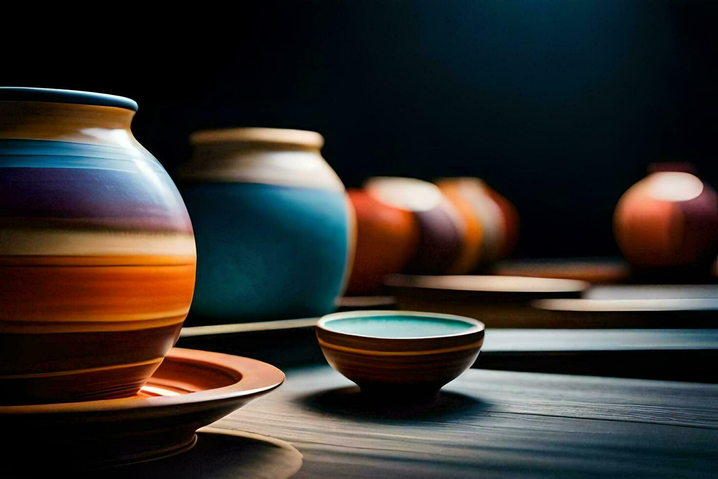 colorful vases and bowls sit on a table. AI-Generated photo
