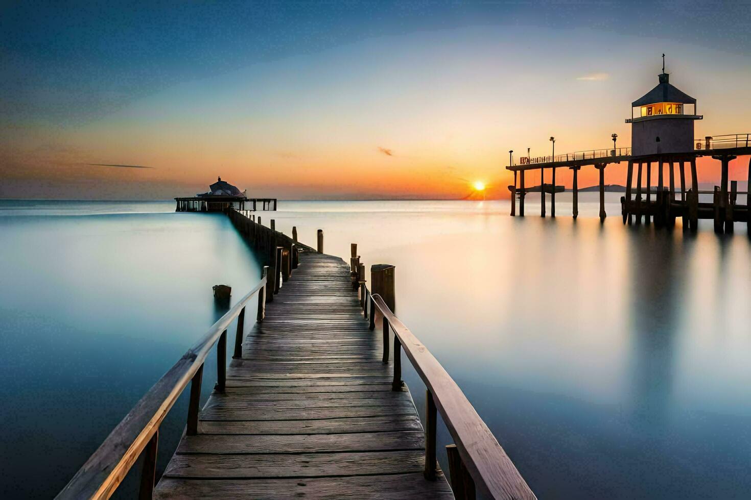 a pier with a lighthouse at sunset. AI-Generated photo