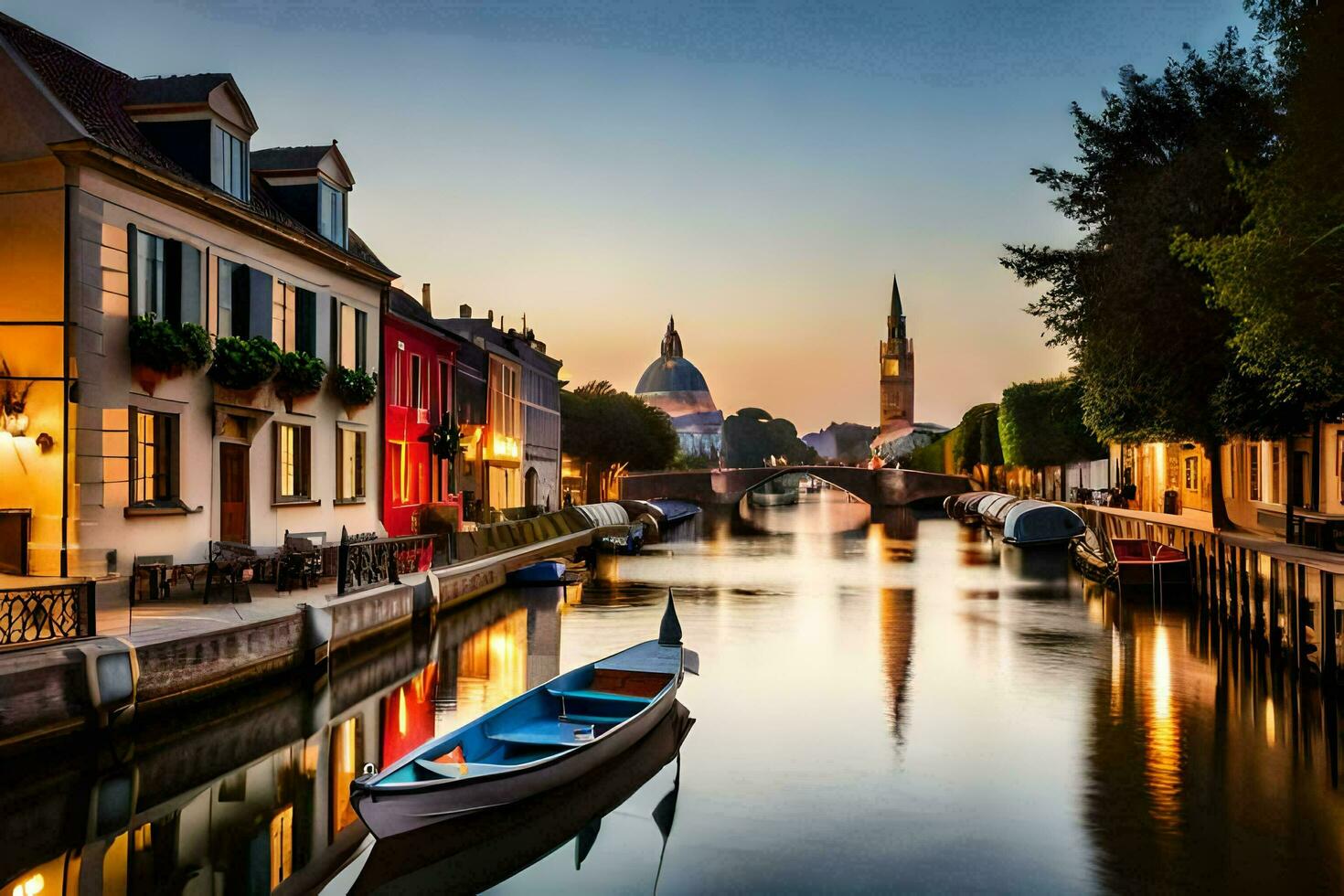 un canal con barcos en el medio de un ciudad. generado por ai foto