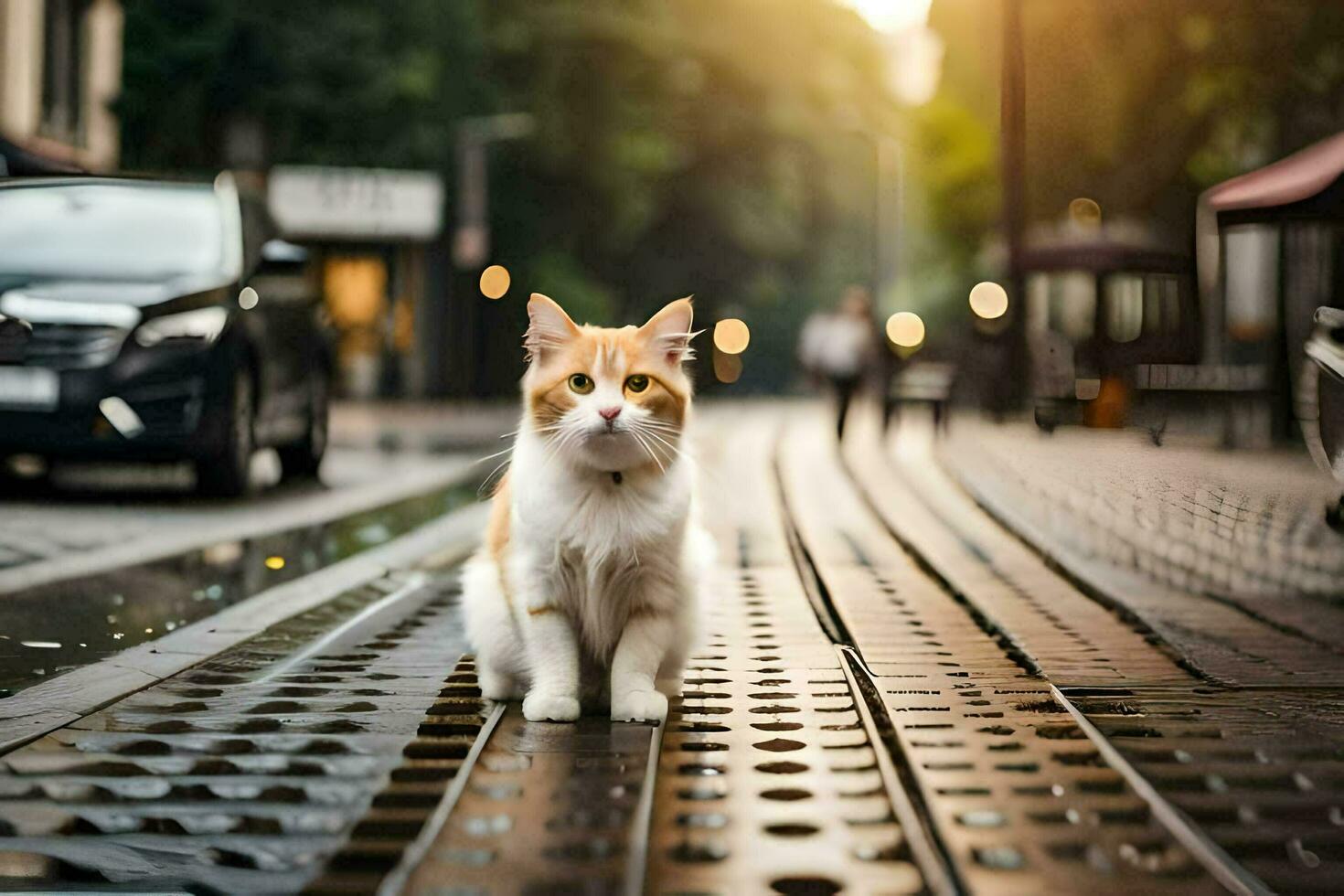 a cat sitting on a street in the city. AI-Generated photo