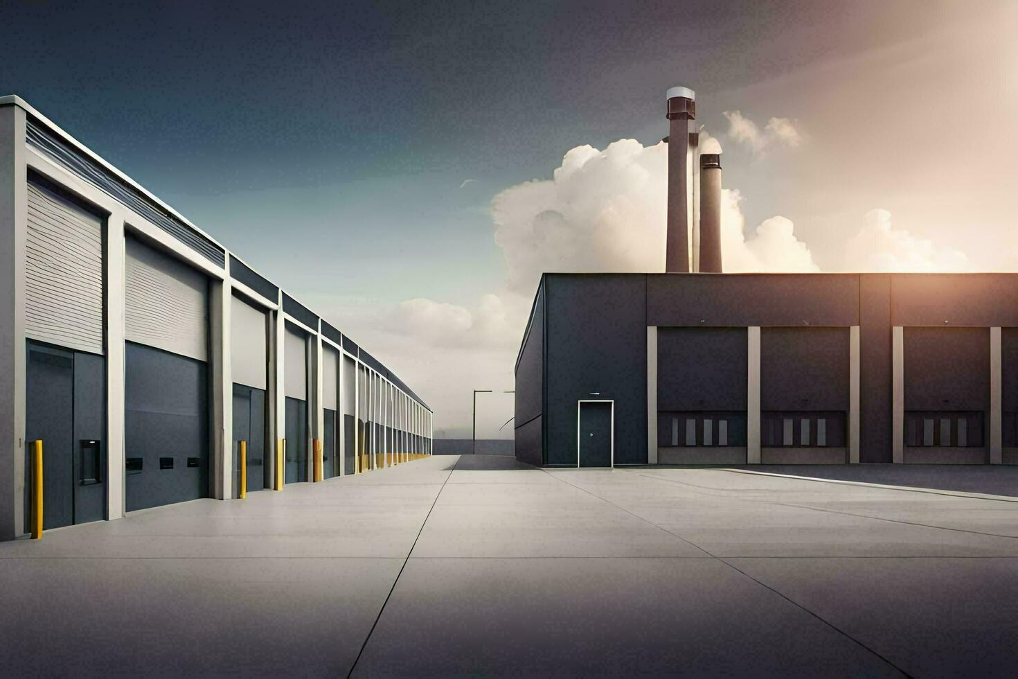 a large warehouse with two doors and a chimney. AI-Generated photo