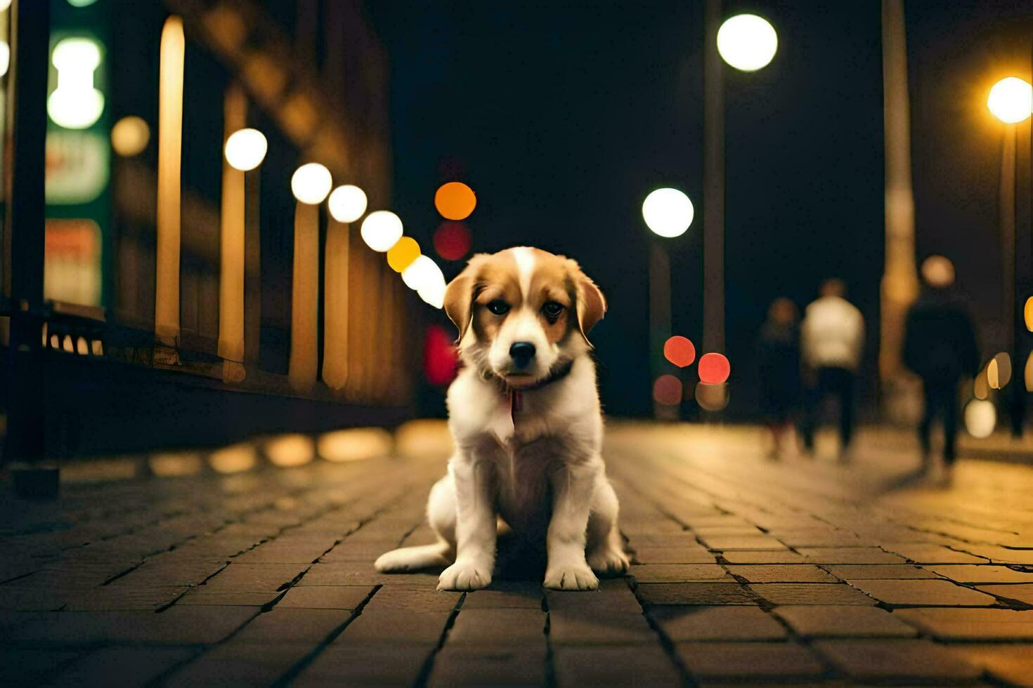 a puppy sitting on the sidewalk at night. AI-Generated photo