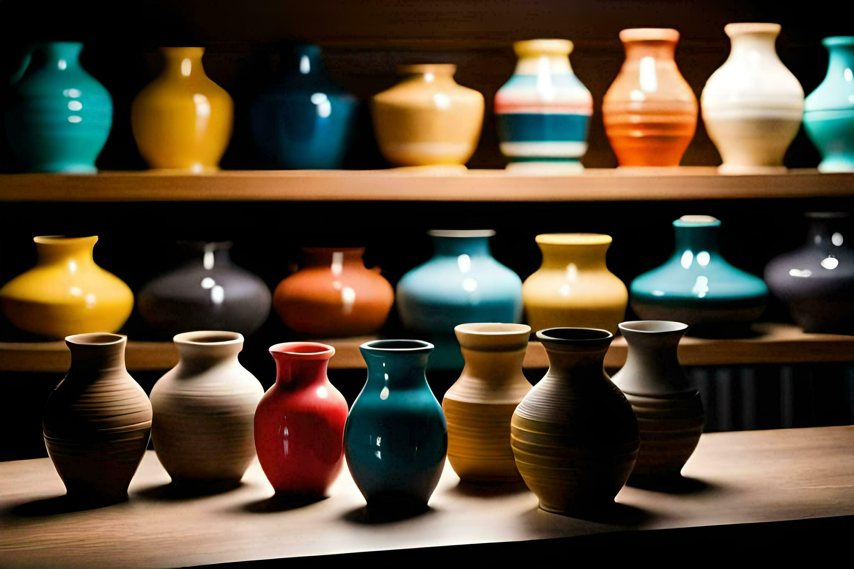a row of colorful vases on a shelf. AIGenerated 30064963 Stock Photo