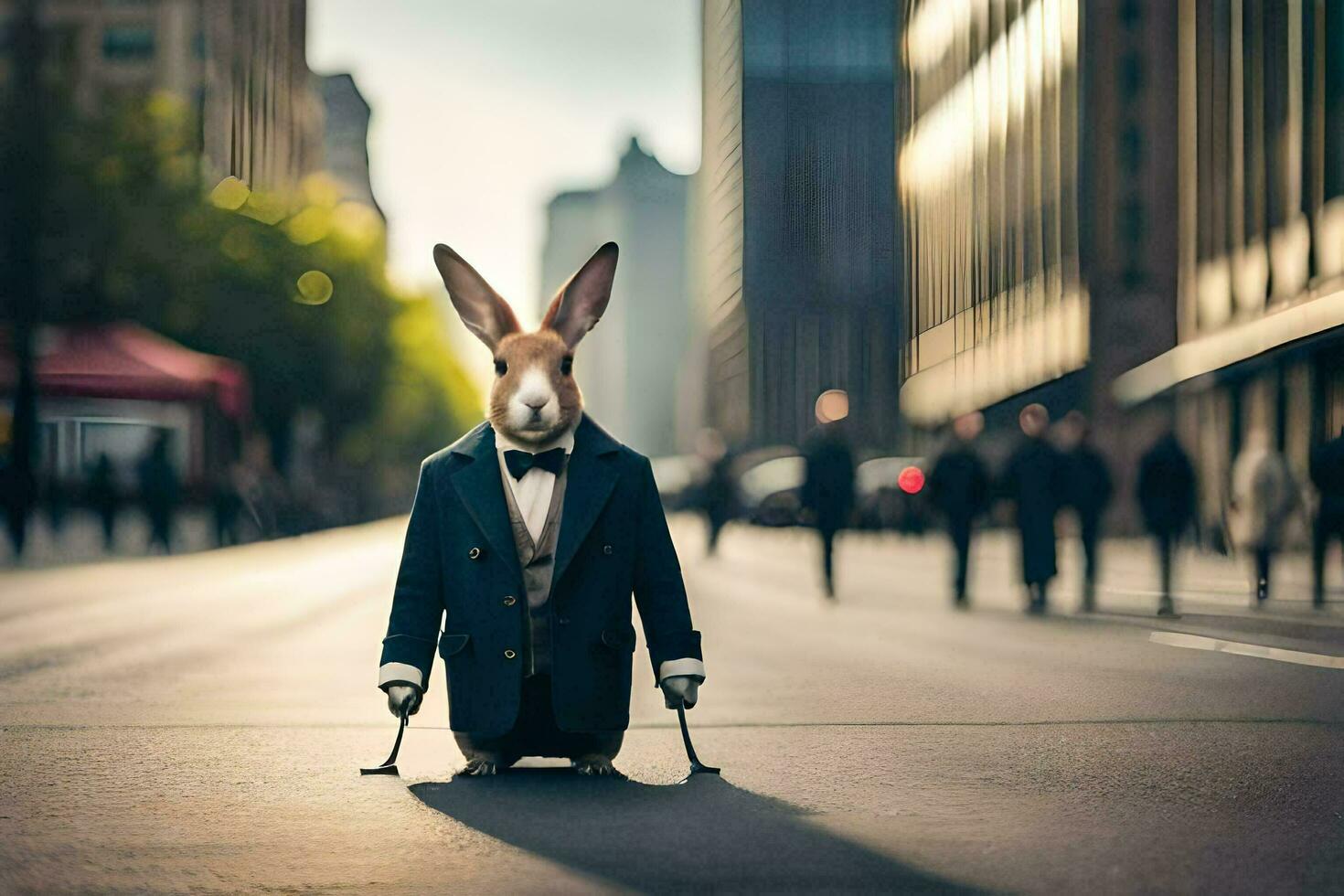 a rabbit dressed in a suit and tie standing on the street. AI-Generated photo