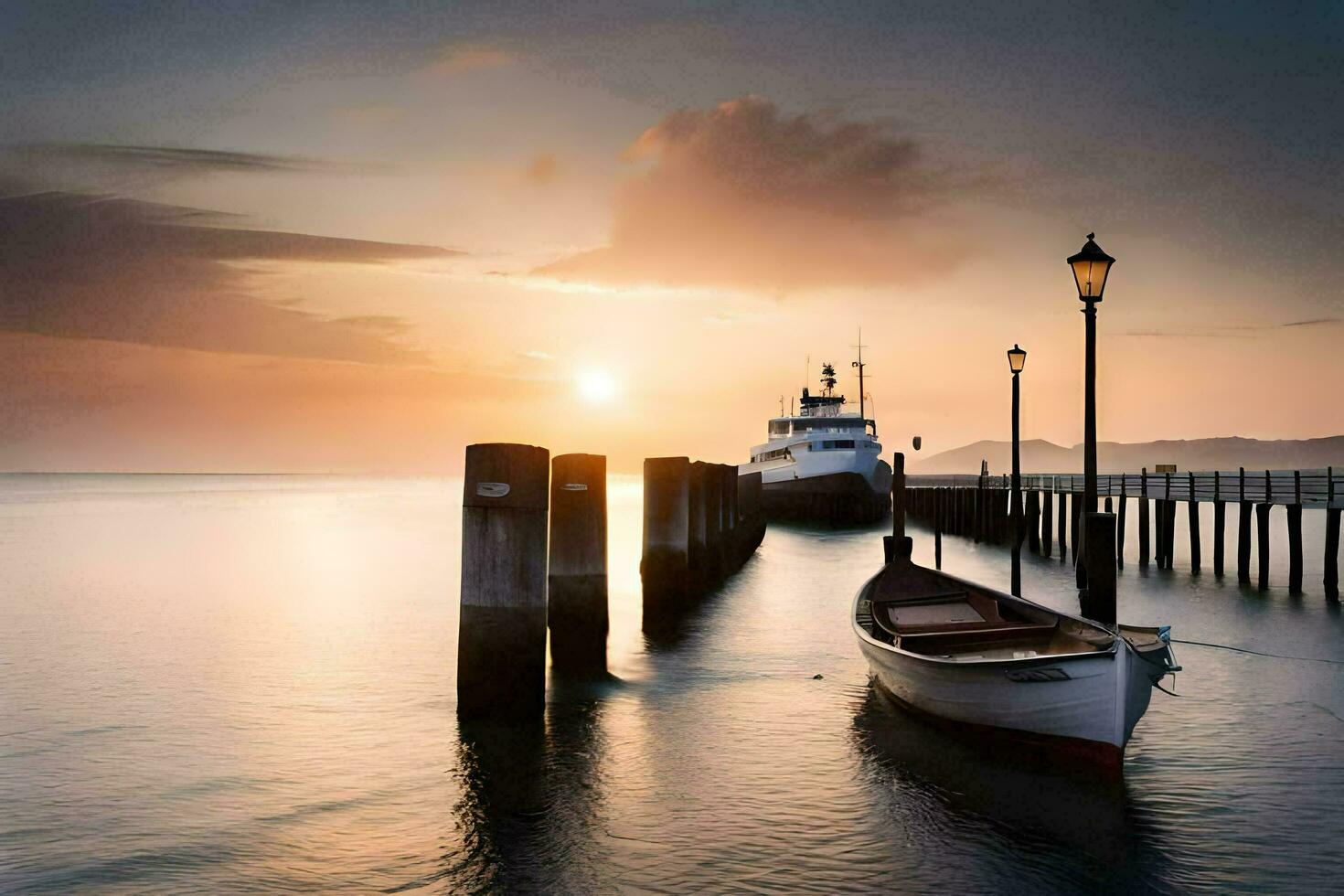 a boat is docked at the pier at sunset. AI-Generated photo