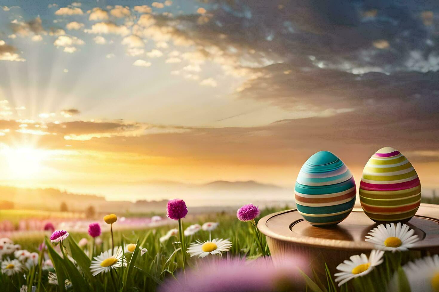 easter eggs in a field. AI-Generated photo