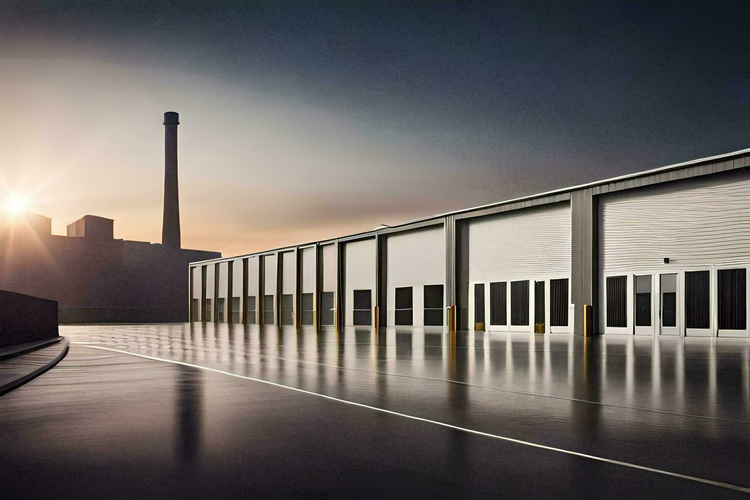 a large warehouse with a large building in the background. AI-Generated photo