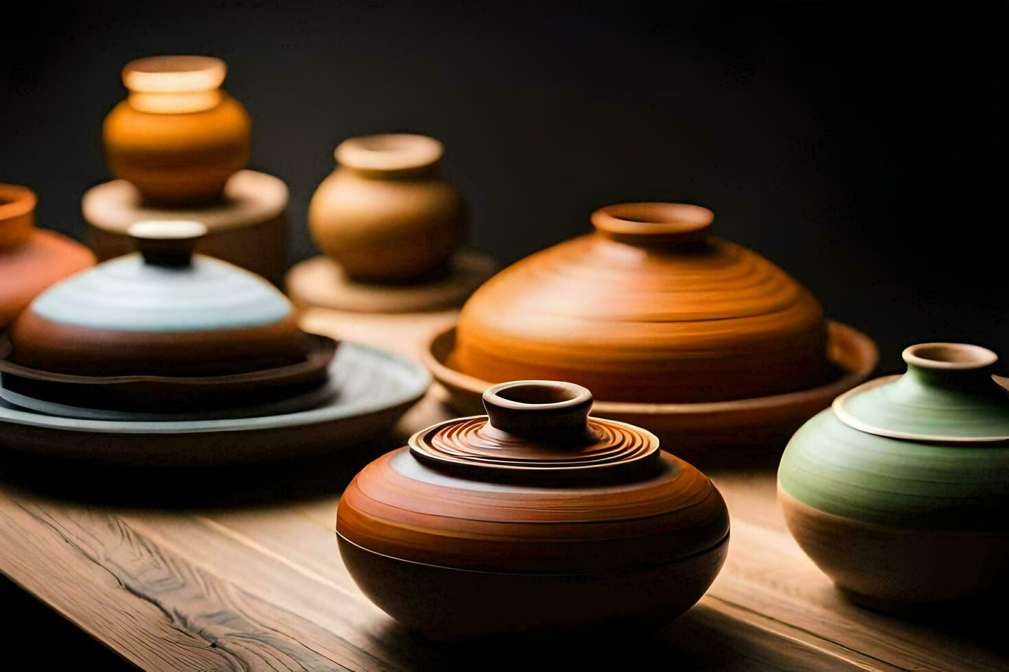 a group of different colored pottery vases. AI-Generated photo