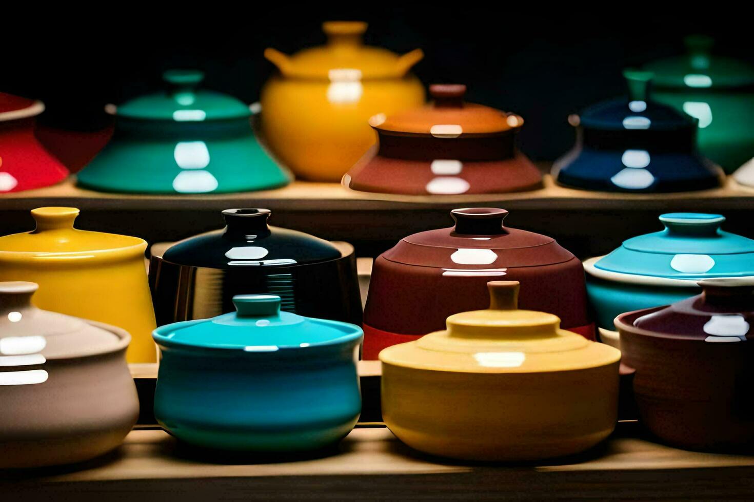 colorful pots and pans on a shelf. AI-Generated photo