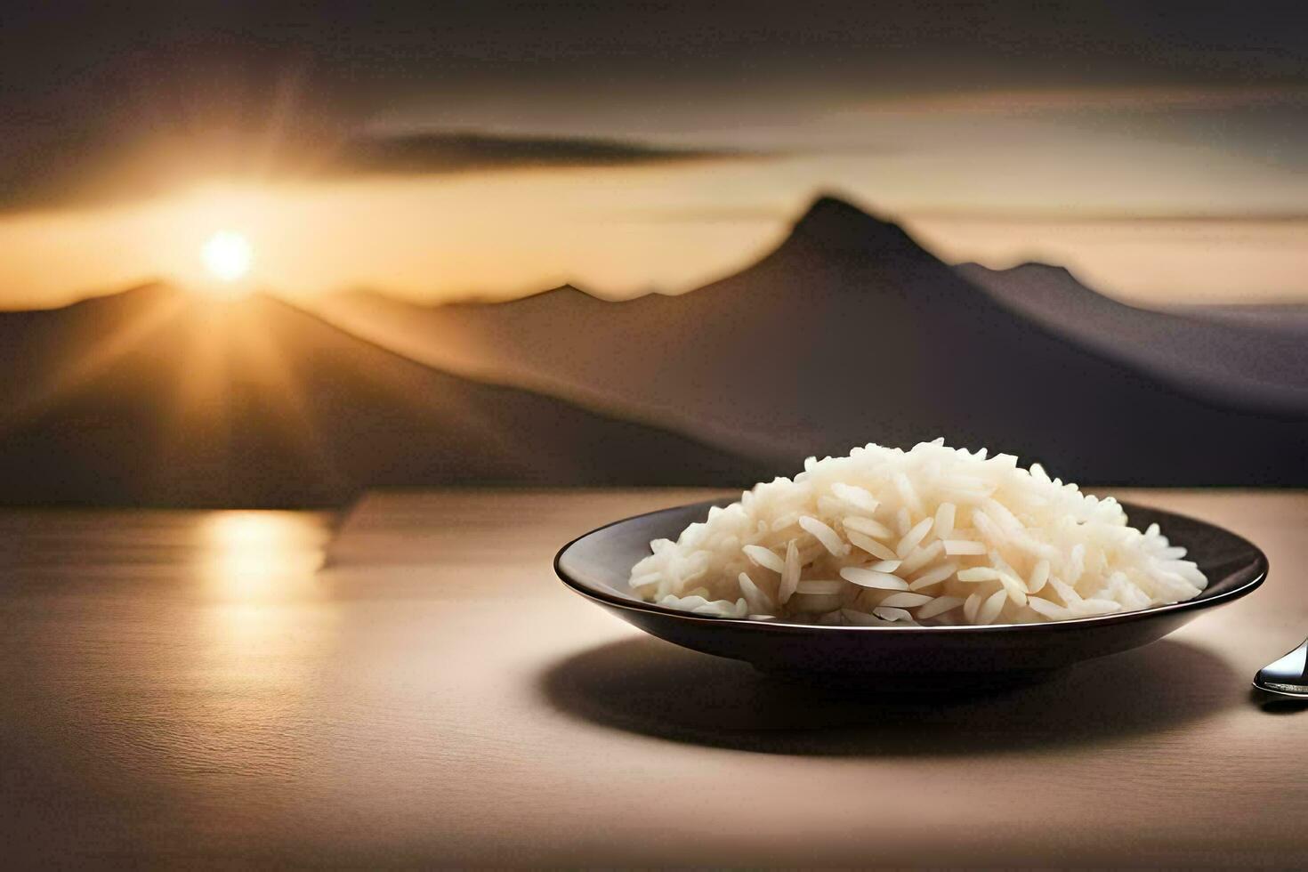 a bowl of rice with a spoon and a mountain in the background. AI-Generated photo