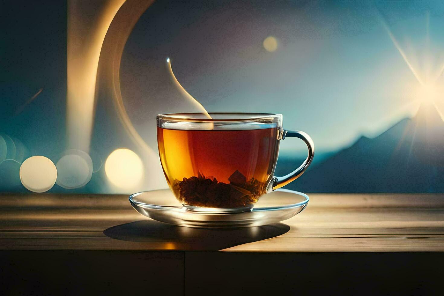 un taza de té en un de madera mesa. generado por ai foto