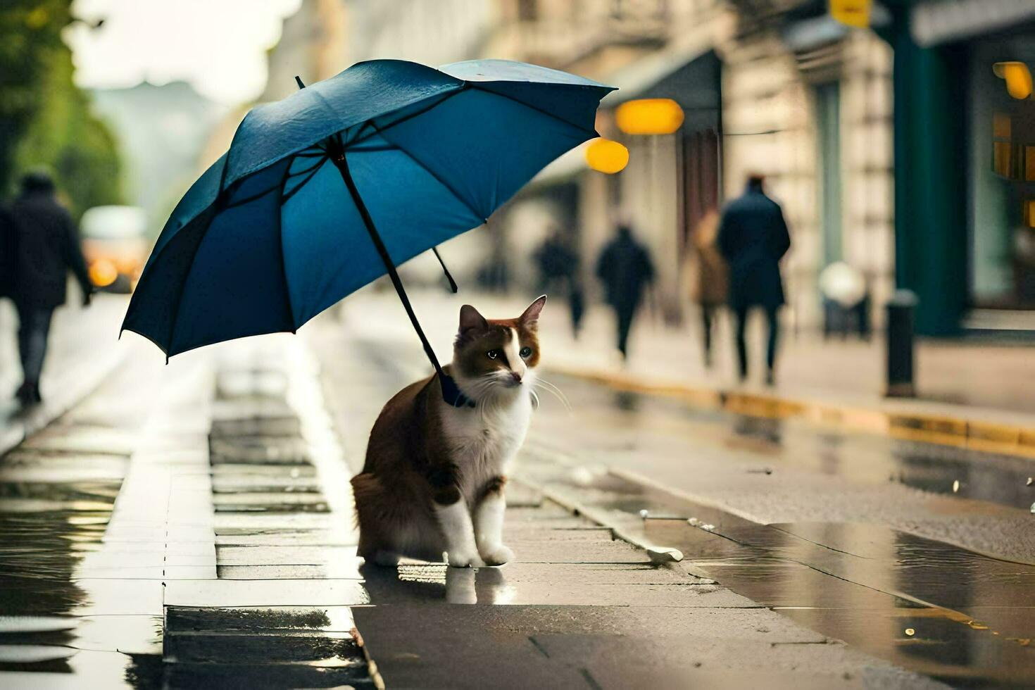 un gato es en pie en el calle con un sombrilla. generado por ai foto
