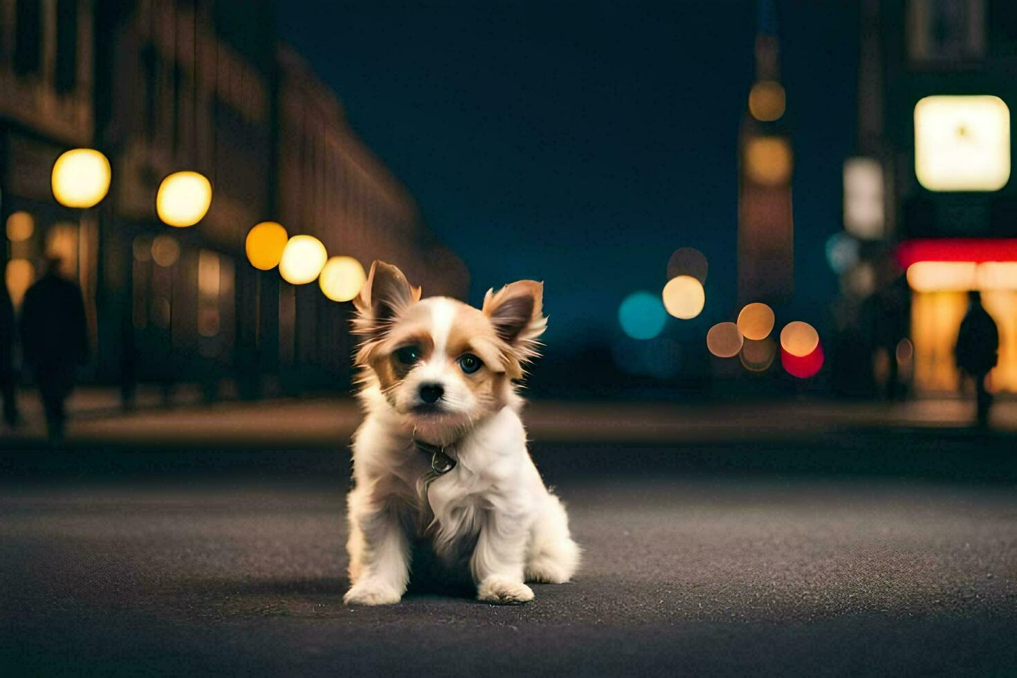 a small dog sitting on the street at night. AI-Generated photo