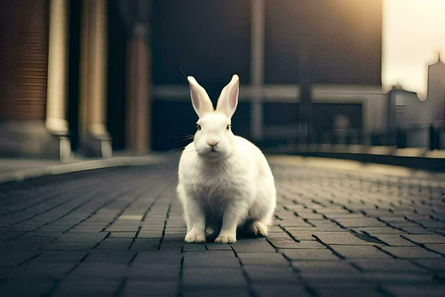 a white rabbit is standing on a brick road. AI-Generated photo