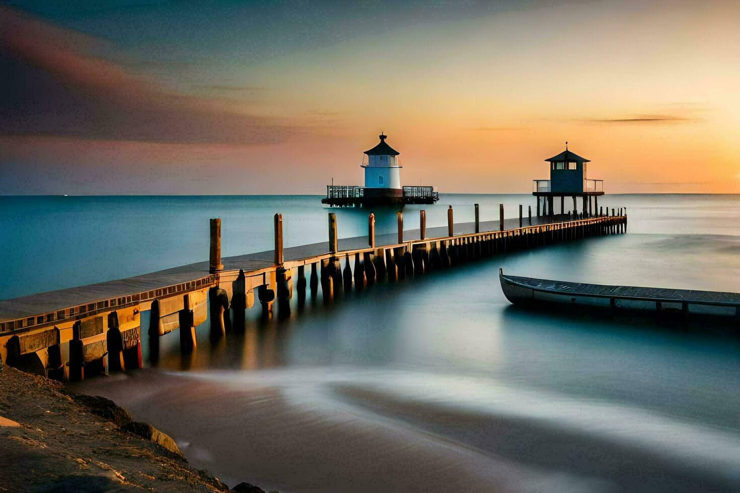 a pier with two lighthouses at sunset. AI-Generated photo